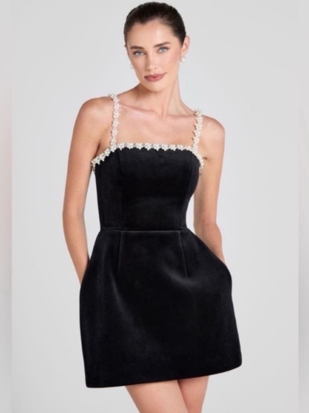 Nadine Merabi Em Velvet Black Pearl Mini Dress - Picture 3 of 11
